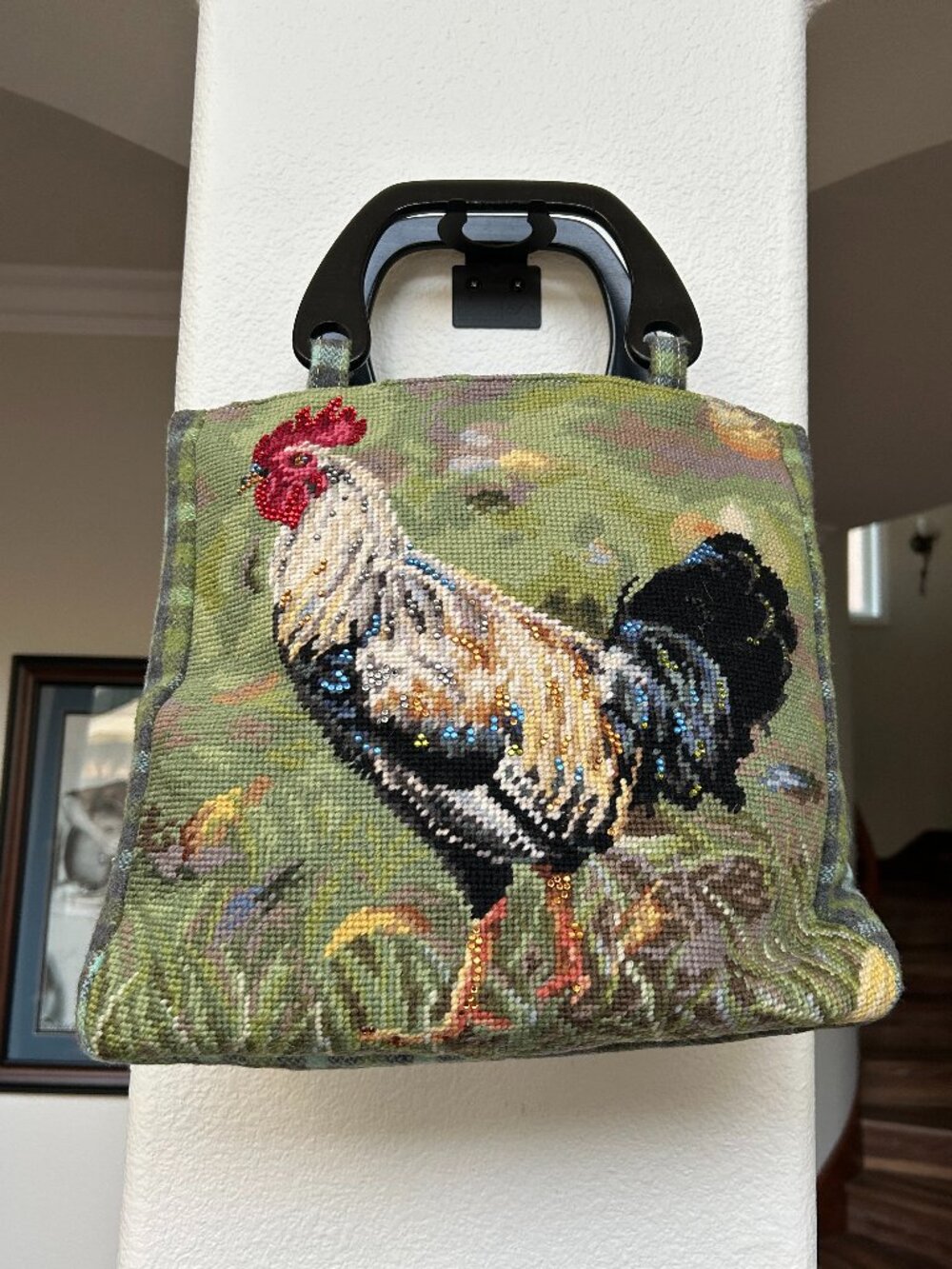 Santi green needlepoint embroidered rooster handbag